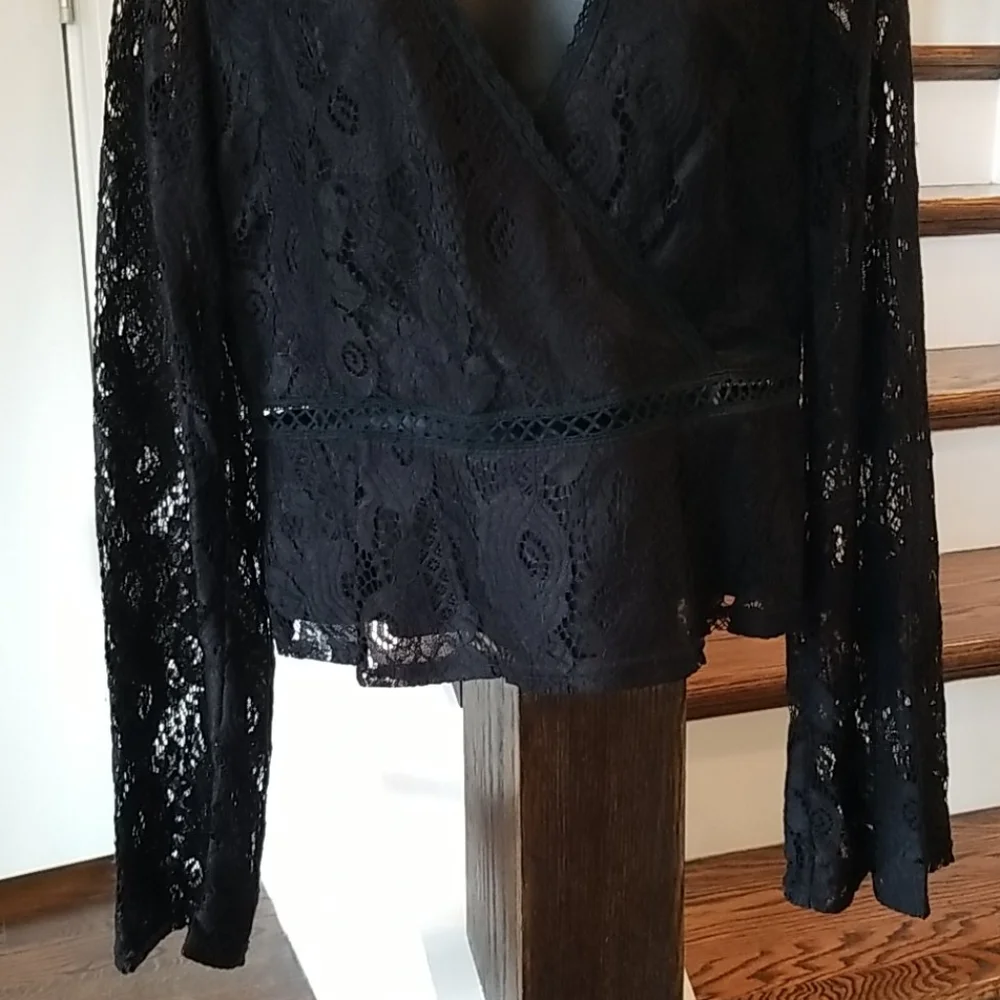 Black Lace Peplum Surplice Wrap Style Blouse